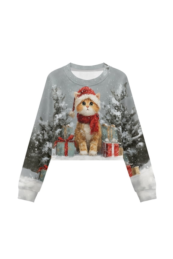 Christmas Cat Tree Gift Print Girls Long Sleeve Shirts Pullover Kids Sweatshirts Xmas Drop Shoulder Clothes for Teen Girls Crop Tops, 5-6 Years