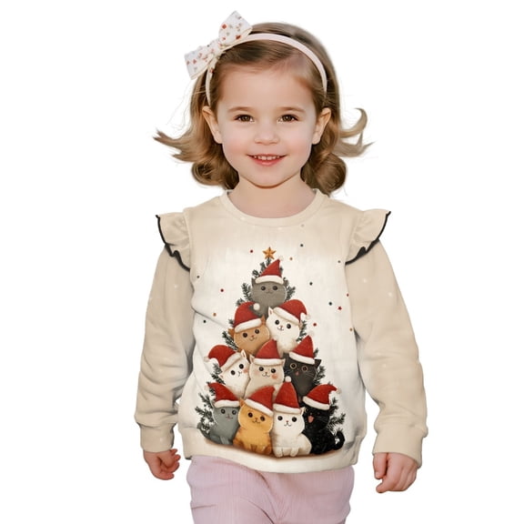 Xoenoiee Christmas Cat Tree Print Toddler Baby Girl Long Sleeve Ruffle Sweatshirt Crewneck Pullover Tops Basic Oversized Sweater Shirts Kid Fall Clothes, Size 5-6 Years