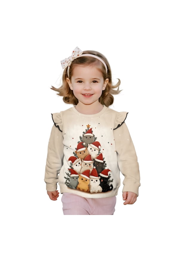 Christmas Cat Tree Print Toddler Baby Girl Long Sleeve Ruffle Sweatshirt Crewneck Pullover Tops Basic Oversized Sweater Shirts Kid Fall Clothes, Size 3-4 Years