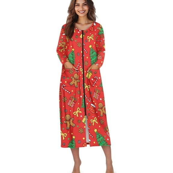 Xoenoiee Christmas Cookies Tree Candy Bow Snowflake Print Long Sleeve Nightgowns for Women Xmas Long Sleepshirts Zip Up Robe Gowns Sleepwear Full Length Sleep Dress with Pockets, Size 2XL