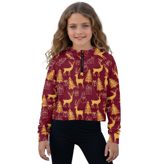 Xoenoiee Christmas Deer Snowman Tree Gift Print Girls Zip Up Hoodie Xmas Long Sleeve Cropped Sweatshirt Kids Crop Top Pullover Fall Outfits with Front Pocket, Size 5-6 Years