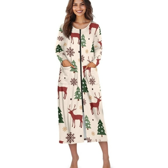 Xoenoiee Christmas Deer Tree Snowflake Print Women Zipper Front Robes Xmas Long Sleeve Full Length Housecoat with Pockets Loungewear Nightgowns Plus Size, Size 3XL
