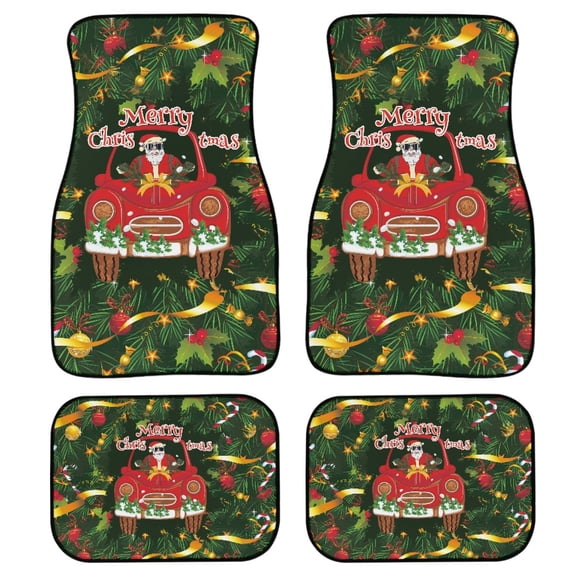 Xoenoiee Christmas Holiday 4 Pieces Car Mats Set, Santa Claus Red Car Print Car Floor Mat Universal Automotive Carpet Front & Rear Floor Mat Liner Non-Slip All Weather Protection