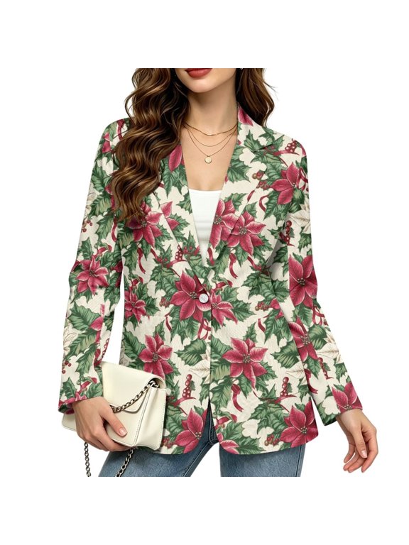 Christmas Poinsettia Holly Print Womens Work Office Blazer Stretch Long Sleeve Jacket Suit Xmas Blazer Stretchy Fabric Notched Lapel Collar Button Down Formal Business Casual Outfits, L