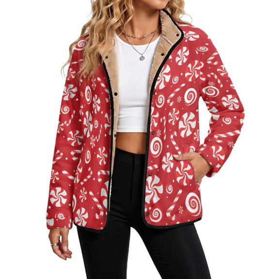 Xoenoiee Christmas Red Peppermint Candy Cane Print Womens Button Down Fuzzy Fleece Jackets Xmas Cozy Sherpa Fuzzy Sweater Warm Winter Coats with Pockets, Fall Outfits for Travel Vacation, XL