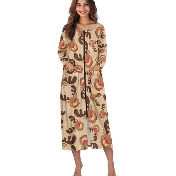 Xoenoiee Christmas Reindeer Print Zip Up Robes for Women Xmas Long Sleeves Zipper House Coat Bathrobes Lightweight Nightgown with Pockets, L