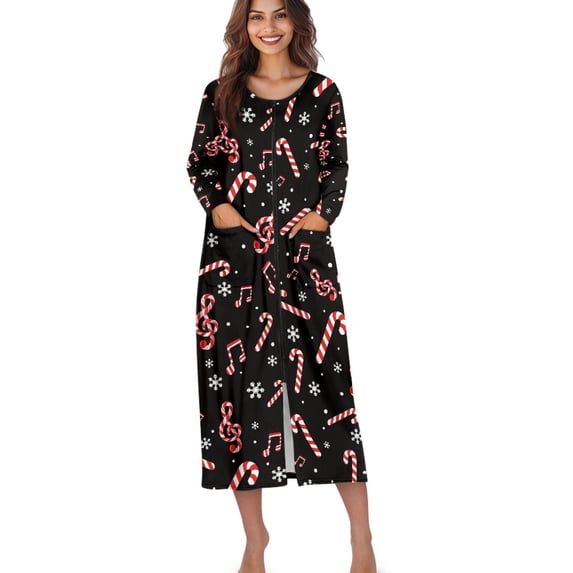 Xoenoiee Christmas Snowflake Candy Music Note Print Women Zipper Robes Long Sleeves Housecoat Xmas Lightweight Bathrobes Zip Up Robe Casual Nightgown with Pockets, Size 4XL