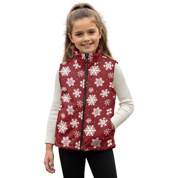 Xoenoiee Christmas Snowflake Print Girls Fleece Vest Outerwear Lightweight Sleeveless Zip up Jacket with Pockets Xmas Warm Polar Soft Fall Winter, 7-8 Years