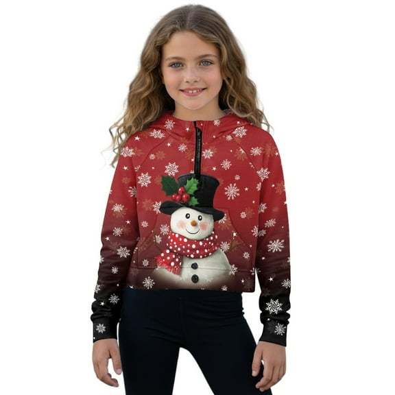 Xoenoiee Christmas Snowman Berry Scarf Snowflake Print Half Zip Hoodie Fleece Cropped Sweatshirt for Girls, Xmas Fall Winter Pullover Zip Up Jacket Coat for Kids Teens, 13-14 Years