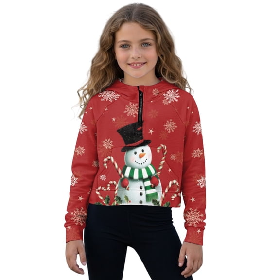 Xoenoiee Christmas Snowman Candy Snowflake Print Girls Half Zip Hoodie Casual Stand Collar Raglan Sweatshirt Long Sleeve Kids Pullover Loose Tee Tops, 9-10 Years