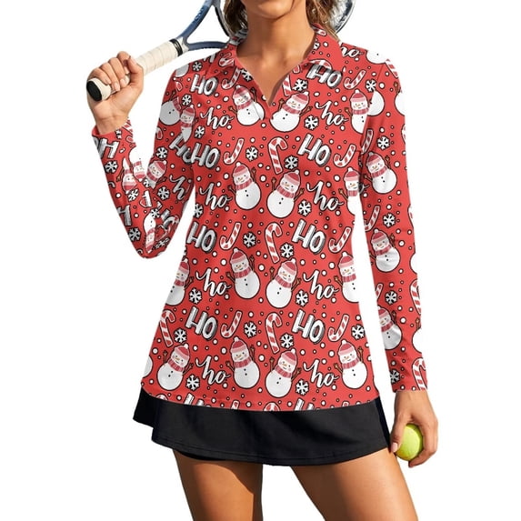 Xoenoiee Christmas Snowman Candy Snowflake Print Womens Golf Shirt Xmas Long Sleeve UPF 50+ Polo V Neck Workout Tops Sun Protection for Golf Tennis Pickleball Running Gym Workout, Size S