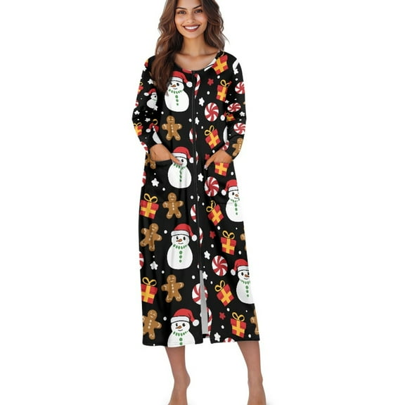 Xoenoiee Christmas Snowman Cookies Candy Print Zipper Robes for Women Xmas Long Bathrobes Lightweight Full Length Housecoat with Pockets Nightgown, Size 2XL