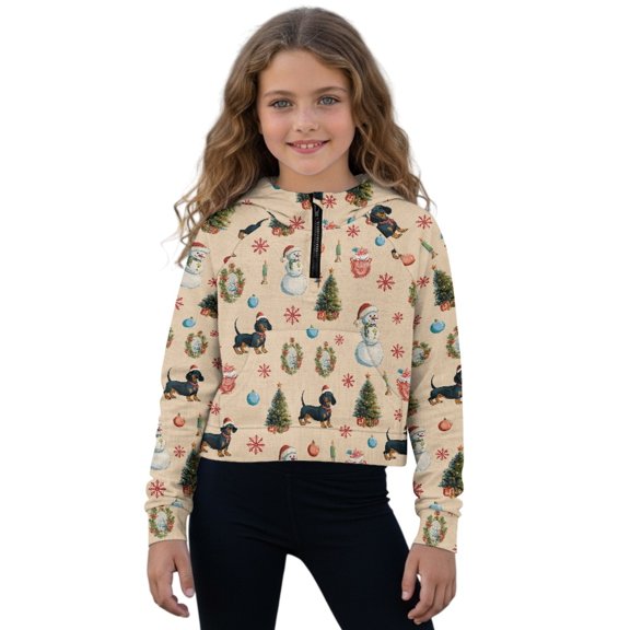 Xoenoiee Christmas Snowman Dachshund Tree Snowflake Print Oversized Sweatshirts for Girls Xmas Cropped Zipper Hoodies Cute Outfits Half Zip Pullover Fall Winter 2025 Trendy Clothes, Size 7-8 Years