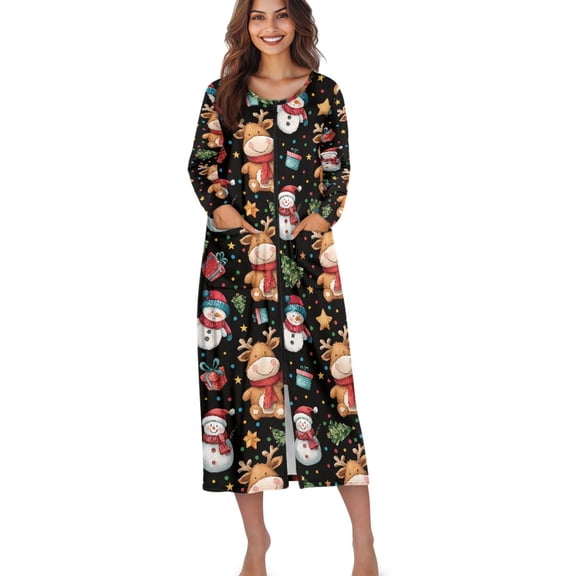 Xoenoiee Christmas Snowman Deer Tree Star Print Women's Sleepwear Xmas Zipper Long Nightgown Lounge Wear Dress Gown Soft Nightshirt Comfy Housecoat Robe, Size L