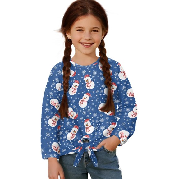 Xoenoiee Christmas Snowman Snowflake Print Girls Long Sleeve Shirt Xmas Casual Tie Hem Tee Tops Round Neck T Shirts Fall Clothes Active Outfits, 9-10 Year