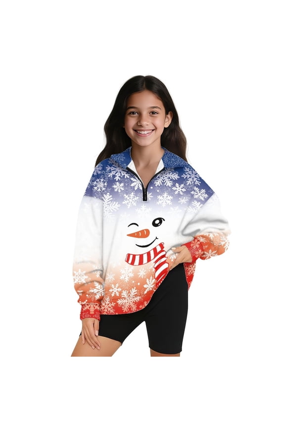 Christmas Snowman Snowflake Print Kids Sweatshirt Half Zip Long Sleeve Pullover Tops Xmas Oversized Casual Sweaters Activewear for Girls Teens, Size 13-14 Years