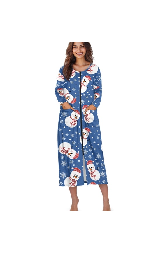 Christmas Snowman Snowflake Print Women's Zipper Robes Xmas Long Sleeve Bathrobe Zip Up Sleepwear Lightweight Housecoats with Pockets Ladies Loungewear Nightdress, Size XL