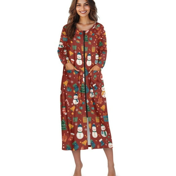 Xoenoiee Christmas Snowman Tree Bell Sock Snowflake Print Women Zipper Robe Long Sleeve House Coats Robes Xmas Soft Bathrobe with Pockets Lightweight Nightgown Plus Size, Size S