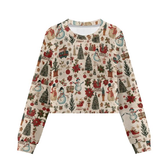 Xoenoiee Christmas Snowman Tree Print Girls Crop Tops Xmas Kids Long Sleeve Pullover Sweatshirts Girls Cropped Crewneck Sweatshirt, 9-10 Years