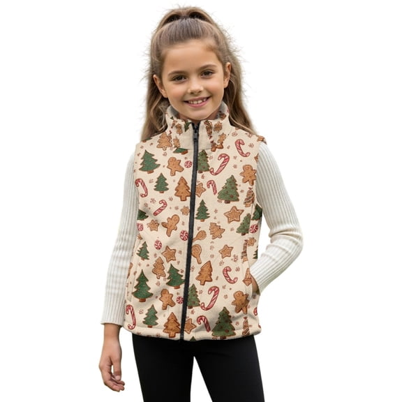 Xoenoiee Christmas Tree Candy Cookies Snowflake Print Kids Fleece Vest for Girls Boys, Xmas Full Zip Sleeveless Jacket with Stand Collar and Pockets, Warm Fall Winter Outerwear, 7-8 Years