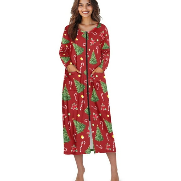 Xoenoiee Christmas Tree Candy Print Women's Zipper Robes Long Sleeve Loungewear Xmas Full Length Nightgowns Housecoat Fleece Bathrobe with Pockets, XL