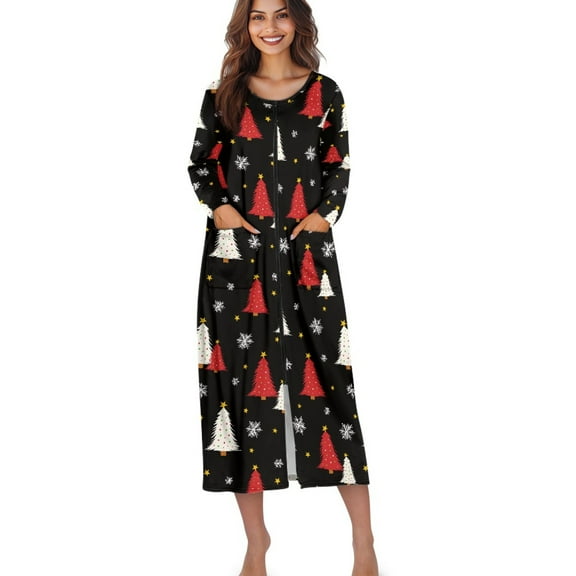 Xoenoiee Christmas Tree Star Snowflake Print Women Zipper Robe Xmas Lightweight House Coat Zipper Front Long Nightgown Round Neck Soft Loungewear with Pockets, Size 2XL