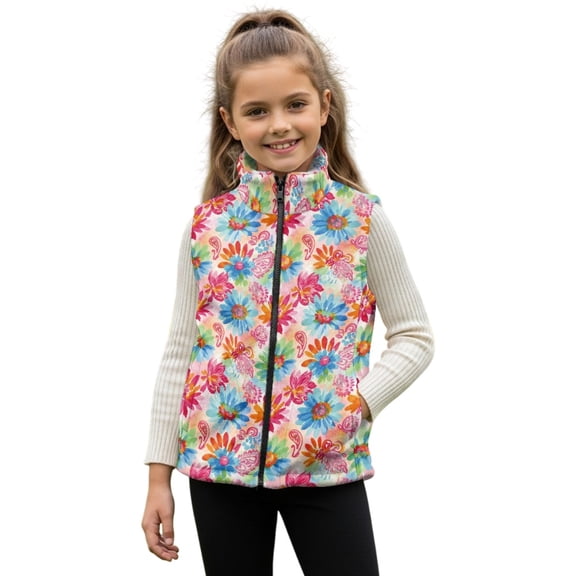 Xoenoiee Classical Peony Paisley Flower Print Girls Lightweight Fleece Vest Sleeveless Zip Up Warm Jacket Stand-Up Collar Casual Outerwear Vests With Pockets, Size 2T