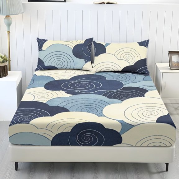 Xoenoiee Cloud Swirl Pattern Extra Deep Pocket Fitted Sheet Set, 3 Pieces Soft & Smooth Bedding Set Includes 1 Fitted Sheet & 2 Pillowcases, Luxury Bed Sheets for Women Men, Full Size