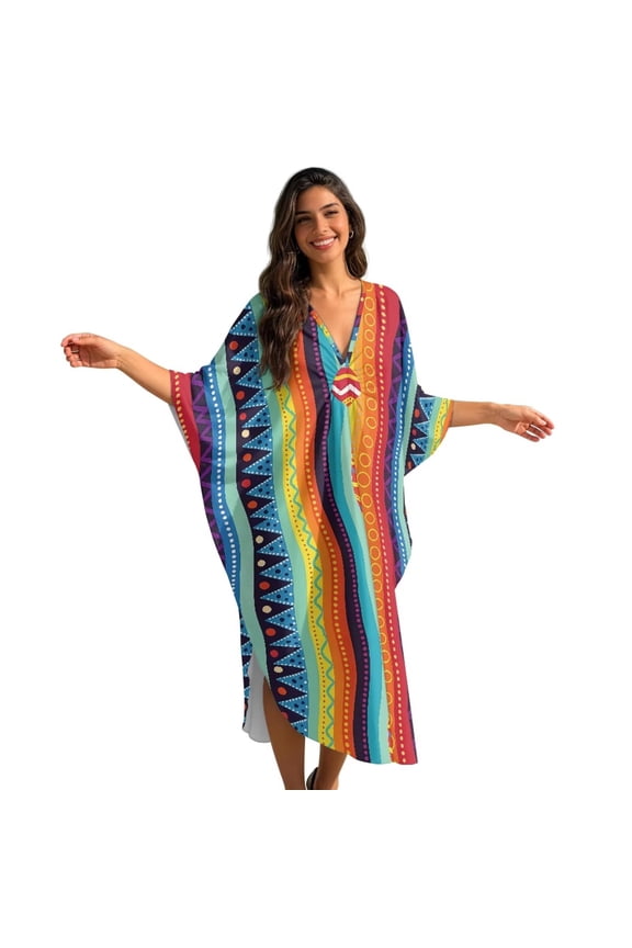 Colorful Abstract Geometric Pattern Women Kaftan Plus Size Polyester Summer Lightweight Caftan Swimsuit Cover Up V-Neck Maxi Mumu Lounge House Dress