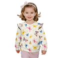 thumbnail image 1 of Xoenoiee Colorful Butterfly Print Girls Sweatshirt Graphic Jackets Ruffle Shoulder Pullover Top Casual Long Sleeve Shirt Toddler Kids Crewneck Sweater Fall Outfits, Size 4-5 Years, 1 of 7