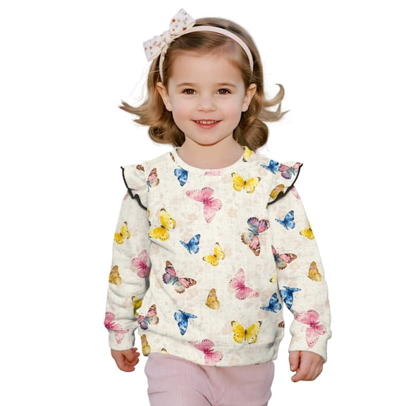 Xoenoiee Colorful Butterfly Print Girls Sweatshirt Graphic Jackets Ruffle Shoulder Pullover Top Casual Long Sleeve Shirt Toddler Kids Crewneck Sweater Fall Outfits, Size 4-5 Years
