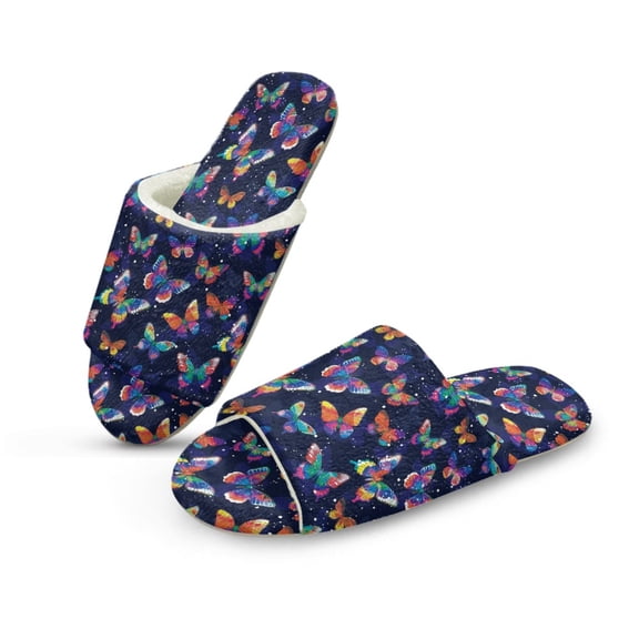 Xoenoiee Colorful Butterfly Print Slipper for Women Men Flannel Lined House Slippers Non-Slip Open Toe Bedroom Shoes with Non-Slip Sole for Home Hotel, 7.5-8.5 Women/6.5-7.5 Men
