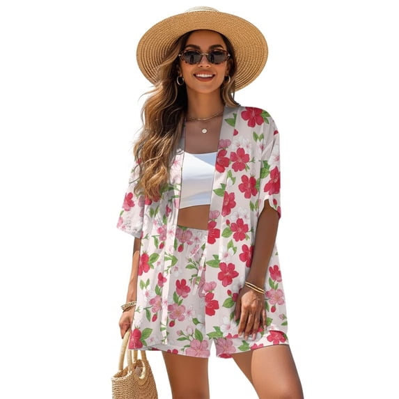 Xoenoiee Colorful Cherry Blossom Print Women's Plus Size 2 Piece Outfits Half Sleeve Open Front Kimono and Matching Shorts Set Summer Vacation Outfits, M