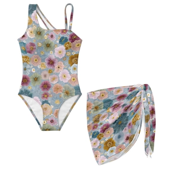 Xoenoiee Colorful Daisy Flower Pattern Girls'Swimwear One Piece Kids Swimsuits for Girls Hawaiian Breathable Bathing Suits with Cover Up Skirt, Size 13-14 Years