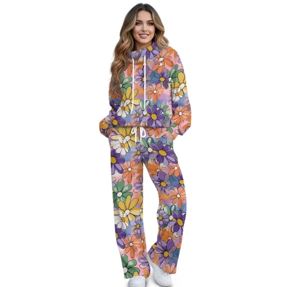 Xoenoiee Colorful Daisy Flower Print Sweatsuits for Women 2 Piece Outfit Matching Lounge Sets Fall Outfits 2026 Fashion Clothing Collared Track Suits, Size L