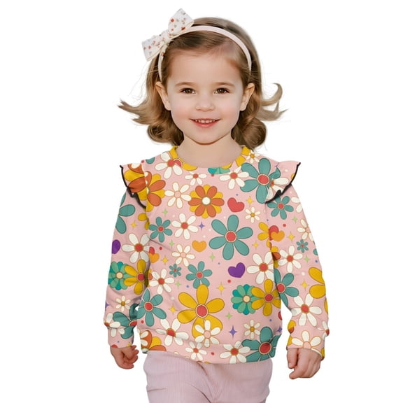 Xoenoiee Colorful Daisy Flower Star Heart Print Toddler Girls Sweatshirt Crewneck Pullover Ruffle Long Sleeve Tops Blouse Cotton T-Shirt Fall Winter Clothes, Size 4-5 Years