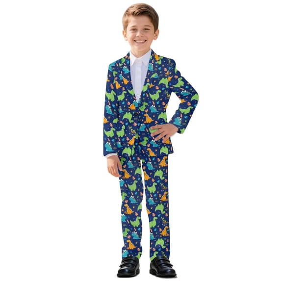 Xoenoiee Colorful Dinosaur Leaves Print Boy Suits Slim Fit 2 Pieces Beige Suit for Boys Formal Wedding Outfit Kids Prom Tuxedo Dresswear Set, 7-8 Years