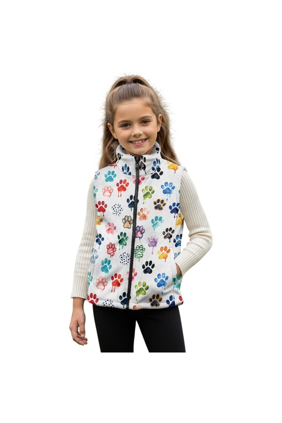 Colorful Dog Paw Paint Splatter Print Girls Lightweight Fleece Vest, Full Zip Sleeveless Jacket Outerwear Spring Fall Winter Outfits with Pockets for Running Hiking, 2T