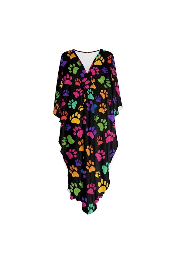 Colorful Dog Paw Pattern Kaftan Dresses for Women Plus Size V-Neck Caftan Moo Moos Batwing Kaftan Beach Dress Bathing Suit Cover-Up Loungewear