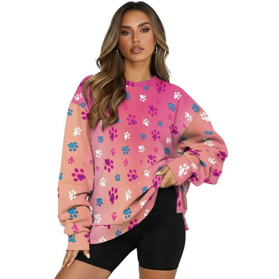 Xoenoiee Colorful Dog Paw Print Oversized Sweatshirts for Women Long Sleeve Cute Outfits Pullover Fall Winter 2025 Trendy Clothes with Side Pockets, Size M