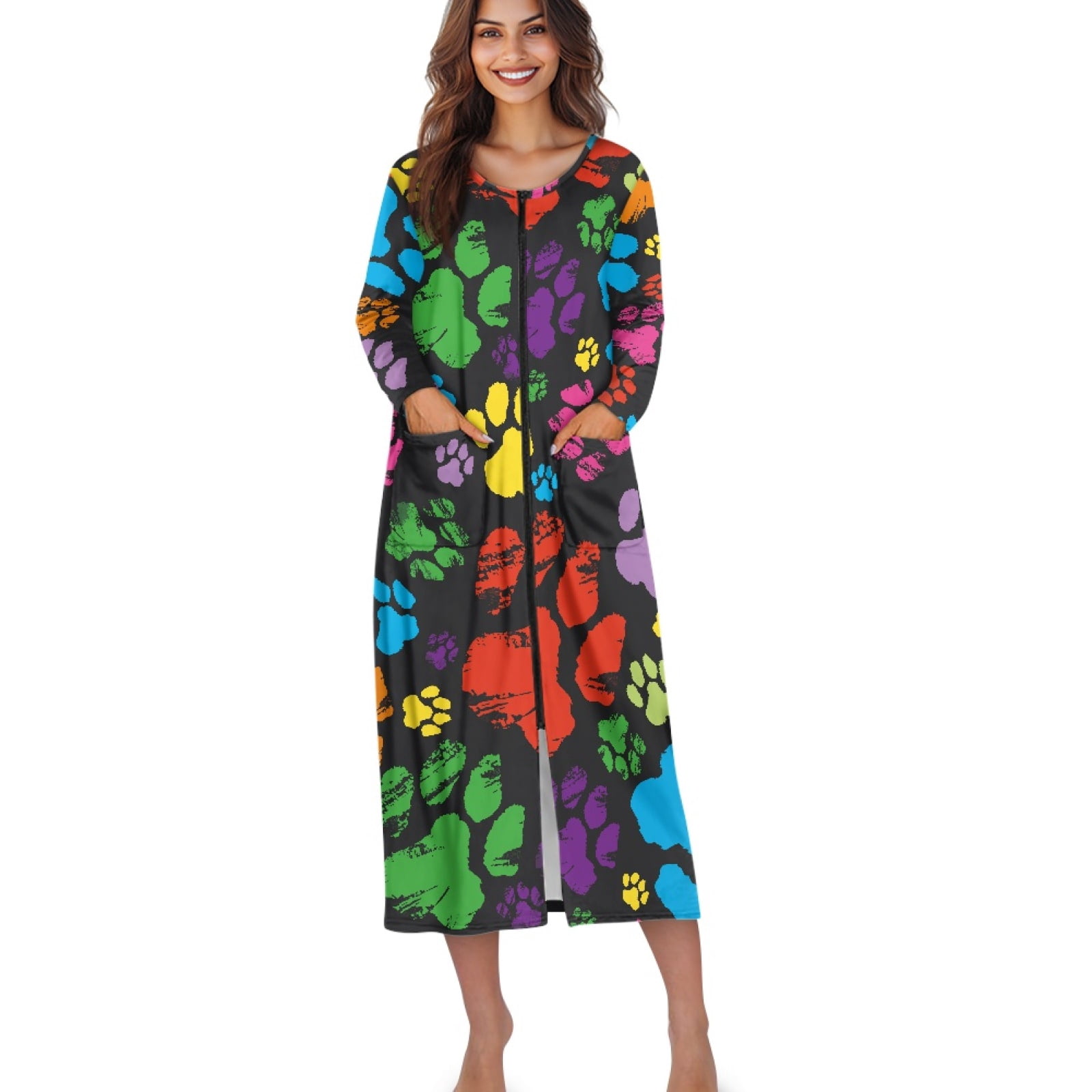 Colourful Robe Xoenoiee Colorful Dog Paw Print Women Zipper Robe Long Sleeve ...