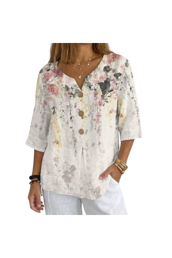 Colorful Floral Leaves Print Button Down Shirts for Women 3/4 Sleeve Tops V Neck Blouse Vintage Linen Tunic Blouses Spring Clothes, 3XL