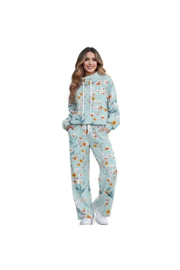 Colorful Flower Print Womens 2 Piece Outfits Fall Matching Lounge Sets Collared Sweatshirt Wide Leg Pants Sweat Sets Tracksuit, Size XS