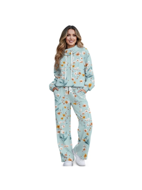 Colorful Flower Print Womens 2 Piece Outfits Fall Matching Lounge Sets Collared Sweatshirt Wide Leg Pants Sweat Sets Tracksuit, Size XS