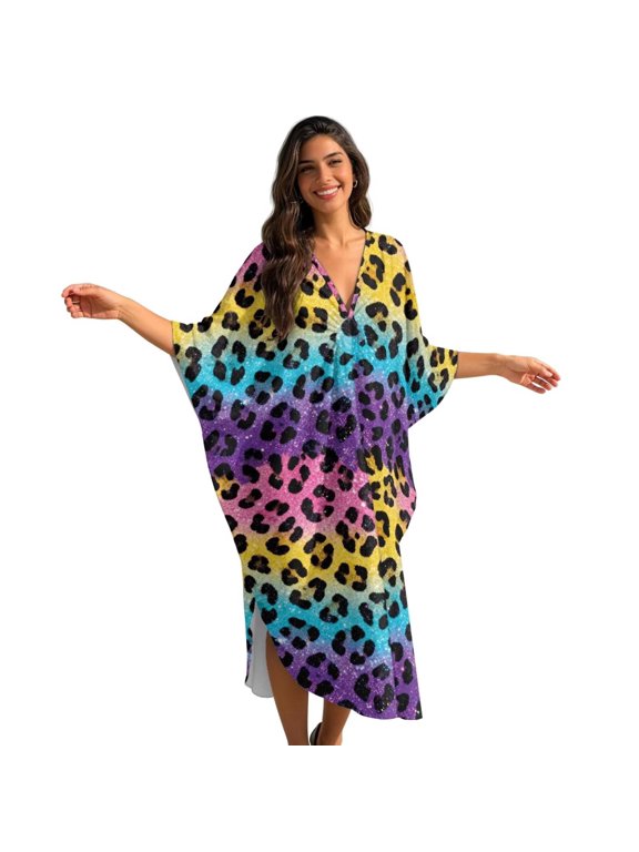 Colorful Leopard Glitter Print Kaftan Dresses for Women V-Neck Moo Moos Caftan Plus Size Batwing Sleeve Beach Cover Up Summer Maxi Dresses Resort Wear