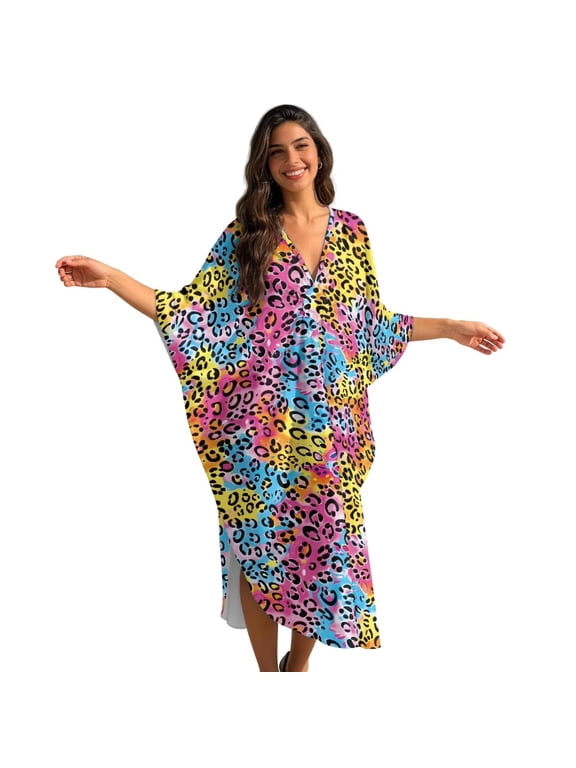 Colorful Leopard Pattern Women's Plus Size Kaftan Dress Plus Size Maxi Dress Batwing Sleeve Moo Moos Beach Cover Up, Soft Caftan Loungewear Beach Robe