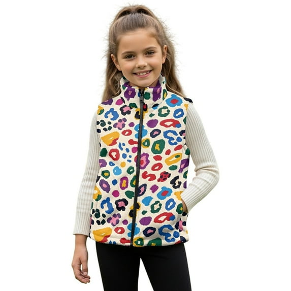 Xoenoiee Colorful Leopard Print Girls Fleece Vest Lightweight Sleeveless Jacket Full Zip Running Vest Stand Collar Fall Winter Clothing, 2T
