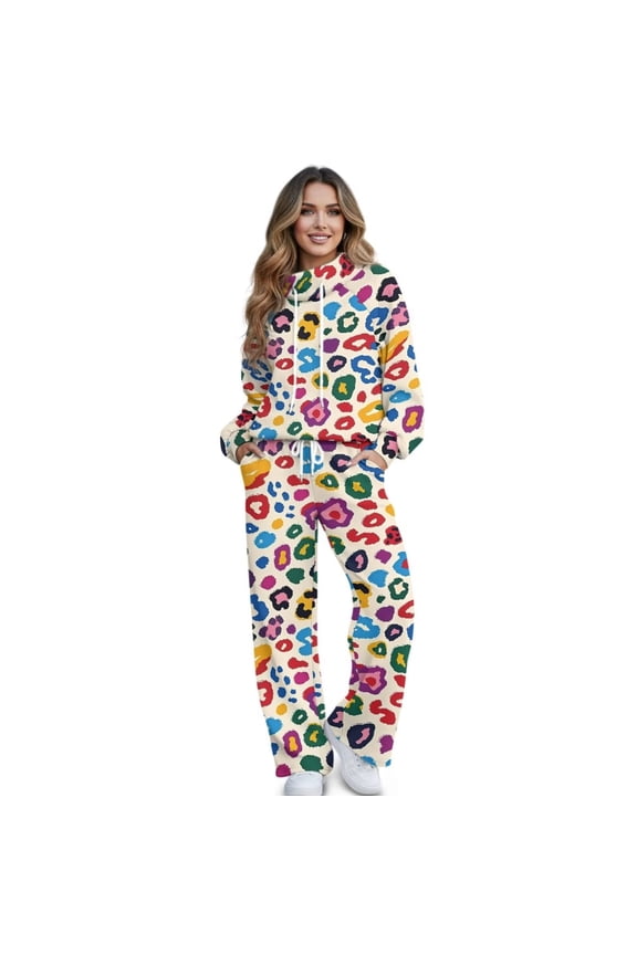 Colorful Leopard Print Women's 2 Piece Outfits Sweatsuit Set Long Sleeve Pullover Top Drawstring Wide Leg Pants with Pockets Tracksuits Casual Set, Size XS