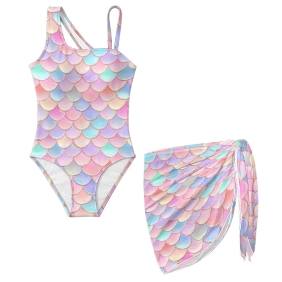 Xoenoiee Colorful Mermaid Scales Print Girls One Piece Swimsuit Cut Out Bathing Suit Tummy Control Swimwear with Cover Up Skirt for Vacation Beach Pool, Size 7-8 Years