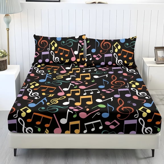 Xoenoiee Colorful Music Note Print Sheets Set, Soft Microfiber, 3 Piece with Fitted Sheet and Pillowcases, Deep Pocket Breathable, Wrinkle Resistant, Hotel Luxury, King Size